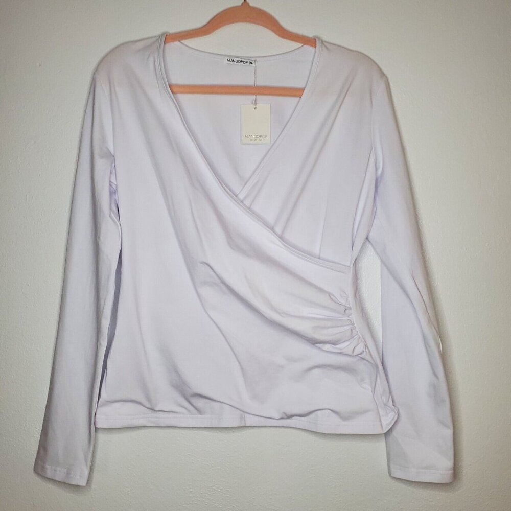 MANGOPOP Women's Cross Wrap Ruched Plunge Sexy Deep V Neck Slim Fit Long Sleeve - Picture 8 of 8